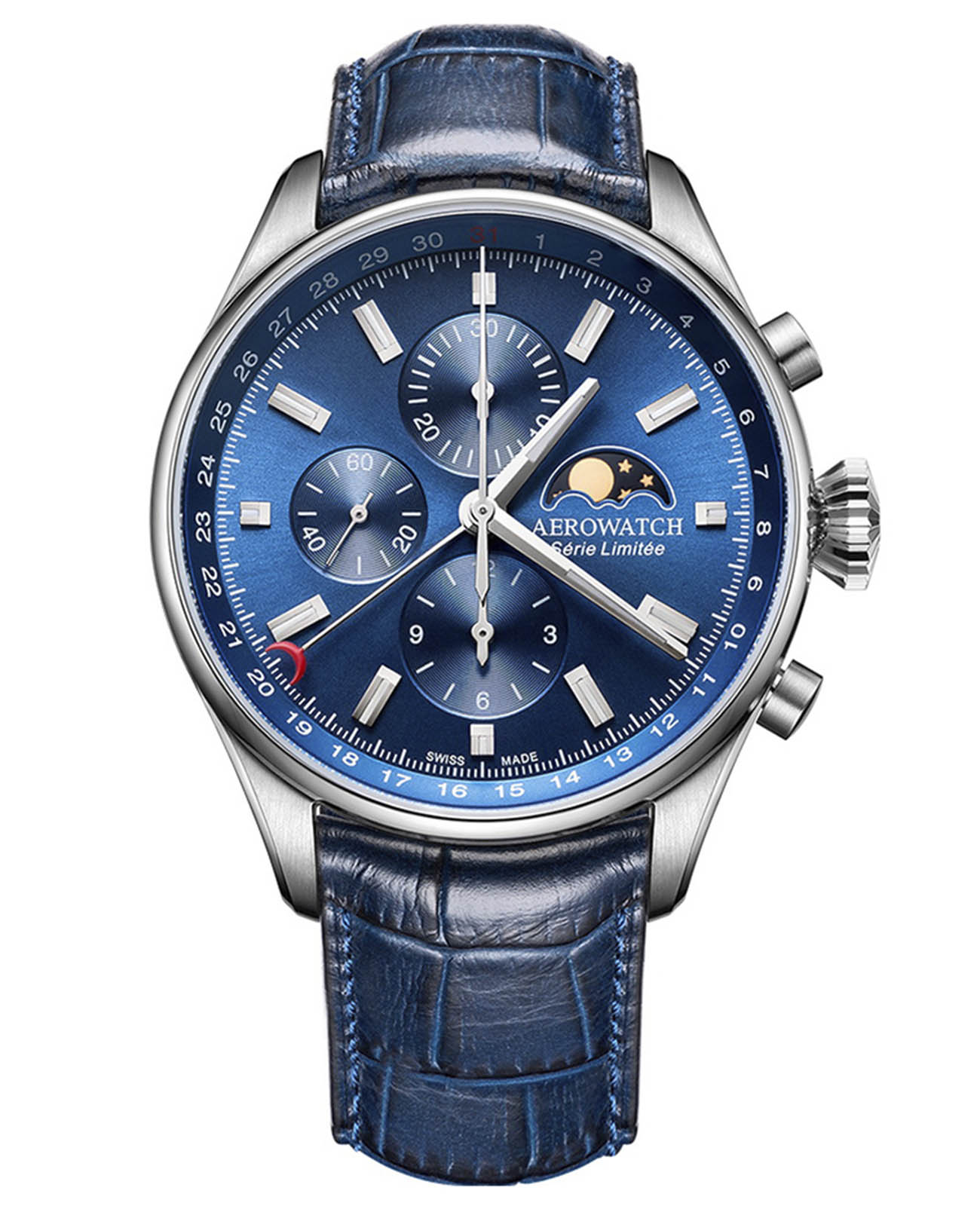 Aerowatch Aerowatch Les Grandes Classiques Moon Phase 69989 AA03  69989 AA03 механические мужские часы синий циферблат, браслет кожаный — вид спереди